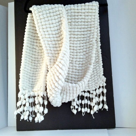 White Chenille Scarf with Long, Fringe of Pom Poms, Soft, Cuddly, & Very Warm - Picture 1 of 4